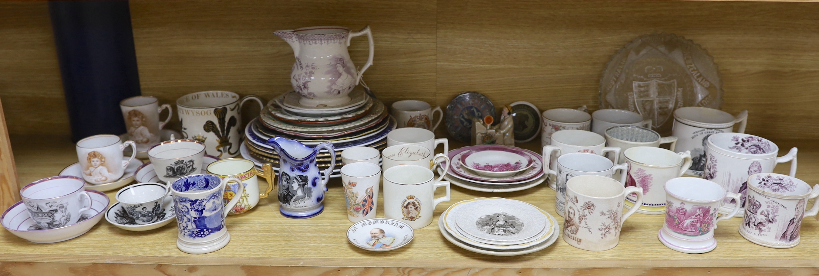 A mixed varied collection of 19th century and later commemorative wares to include a Princess Charlotte lustre cup and saucer, Victoria and Albert nursing plates, cups etc, the largest 25cm in diameter